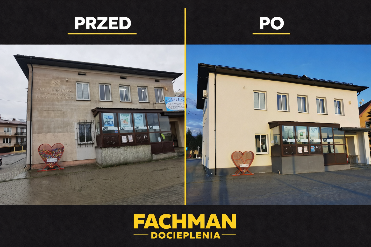 Realizacja docieplenia budynku handlowego - przed i po