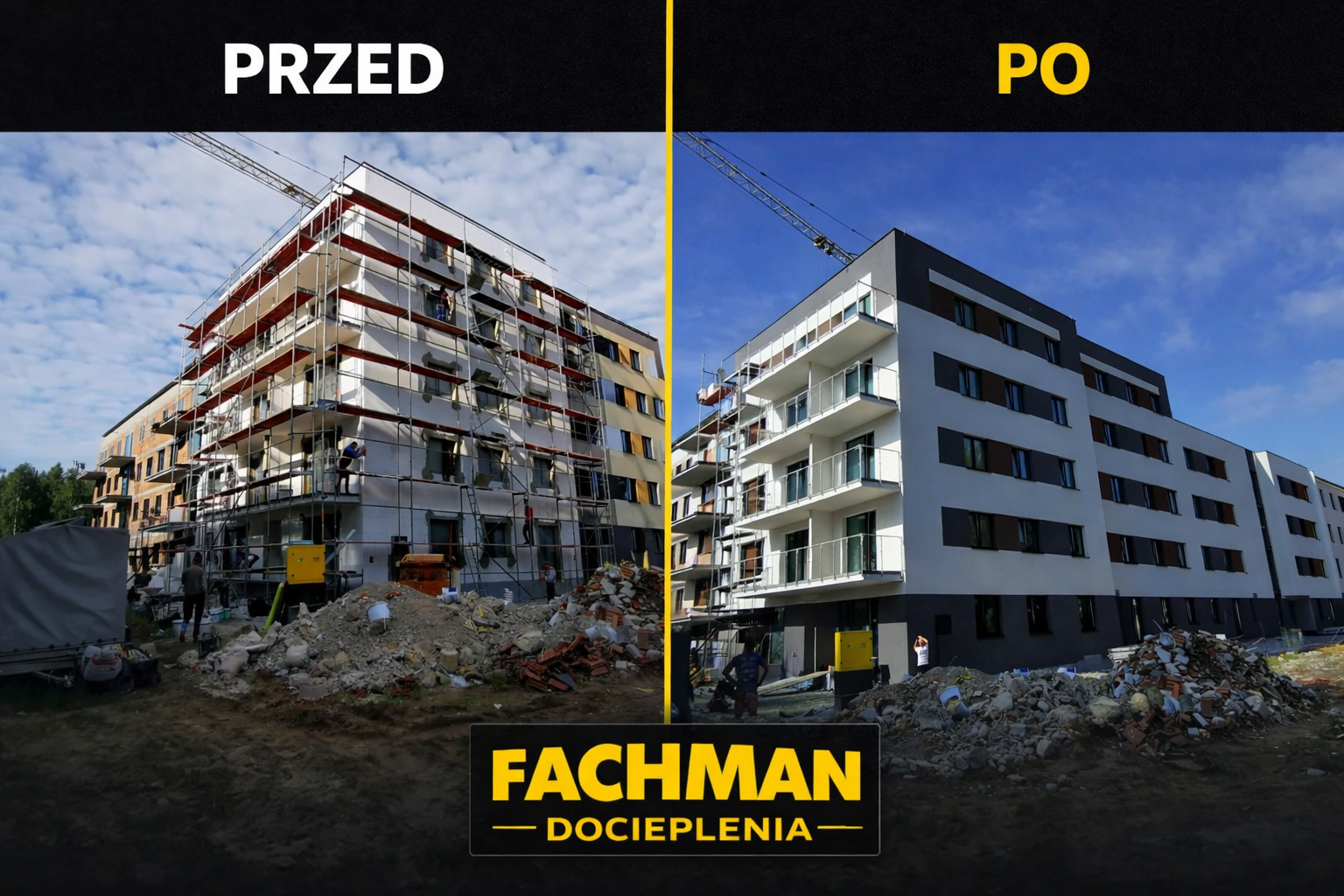 Realizacja docieplenia bloku mieszkalnego - przed i po