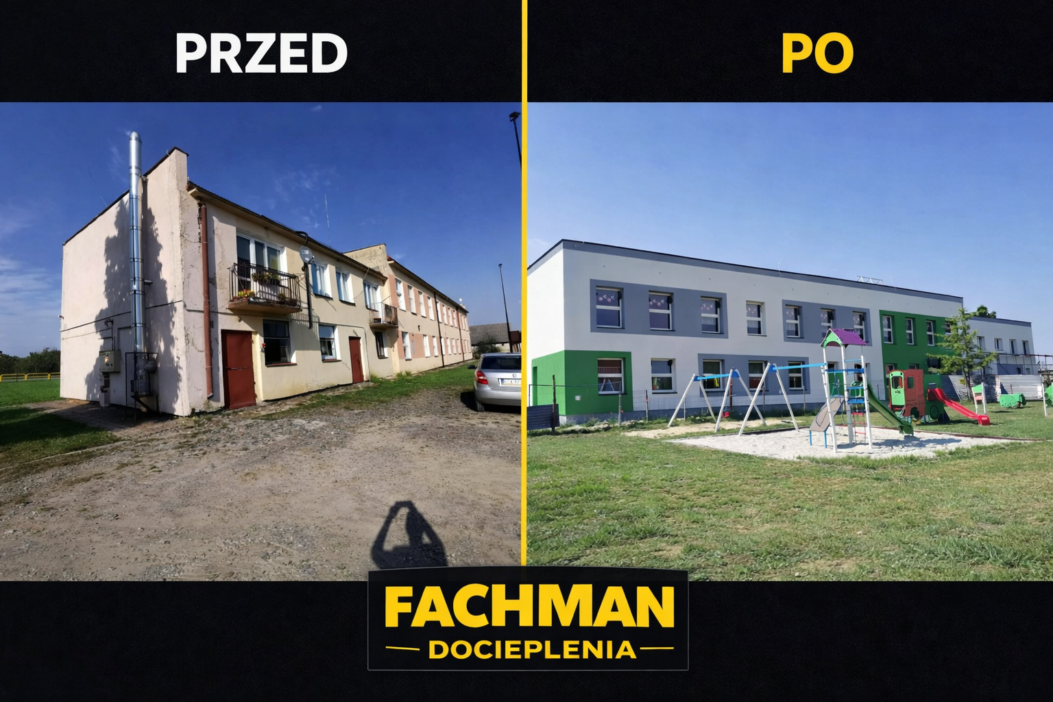Realizacja docieplenia budynku szkolnego - przed i po